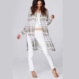 J Jill Petite Long Sleeve Paisley Print Tunic Shirt Dress White Olive Green L